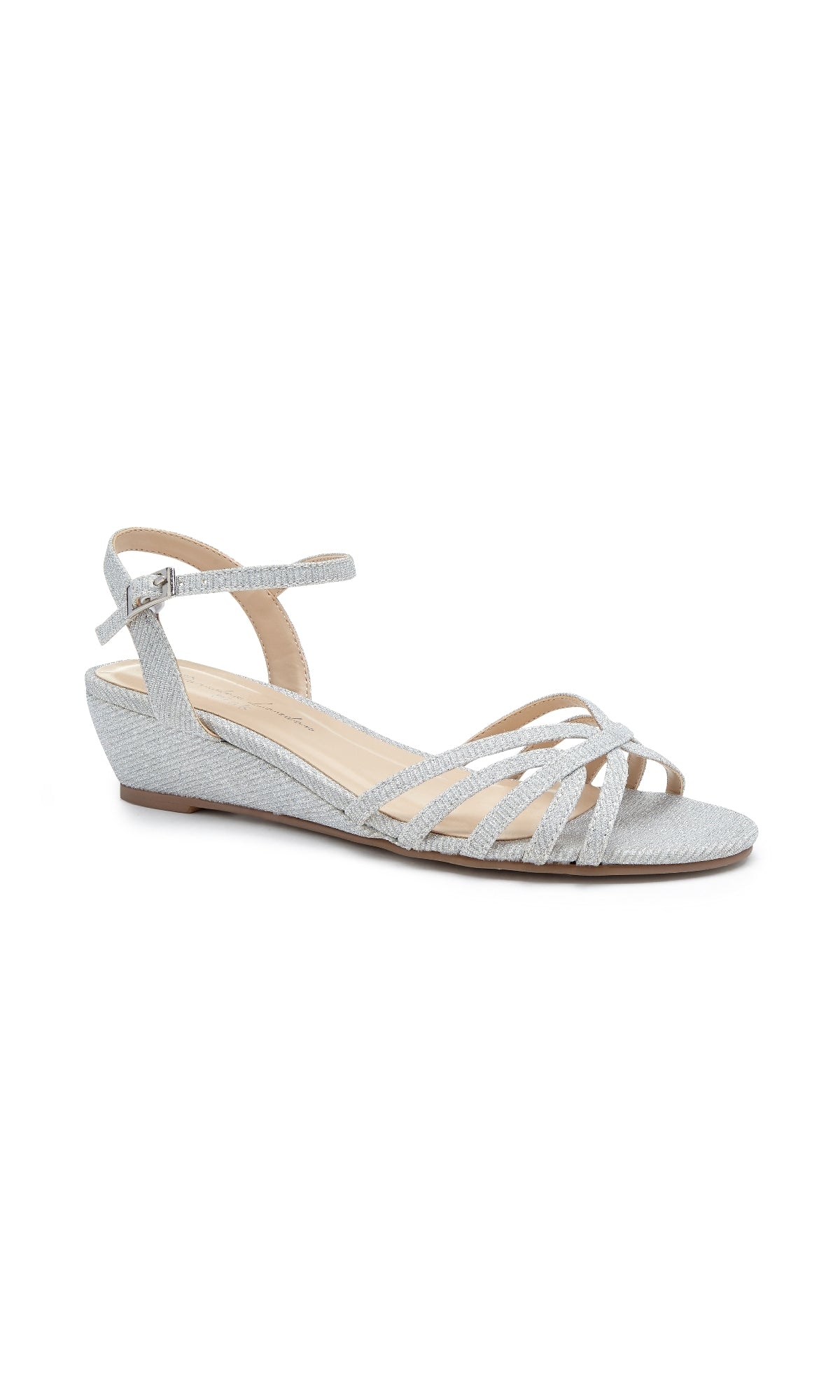 Winslow Silver Prom Shoes: Paradox London P1841—stylish low-heel silver wedge sandals with buckle ankle strap and open toe, perfect for prom and effortless elegance, shown on a white background.